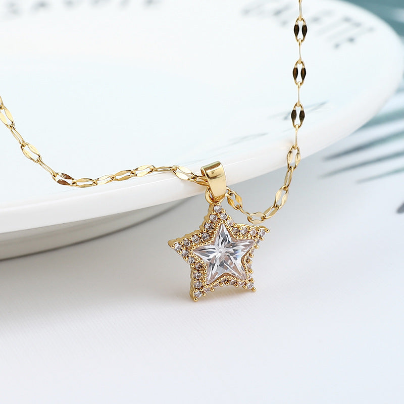 Pentagram Ethnic Style Necklace For Women In Titanium Steel With Zircon Inlay And Bezel Setting, Featuring Coffee Bean Chain