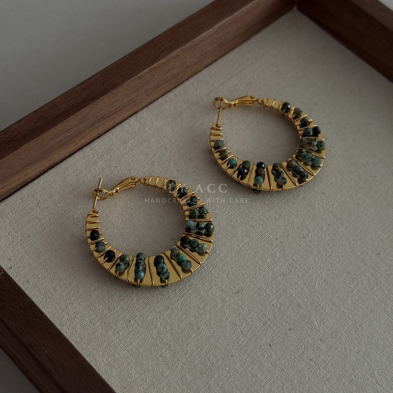 For Sector Multicolor Hoop Earrings In Copper With Turquoise Inlay, Real Gold Plated Featuring Bohemian Style