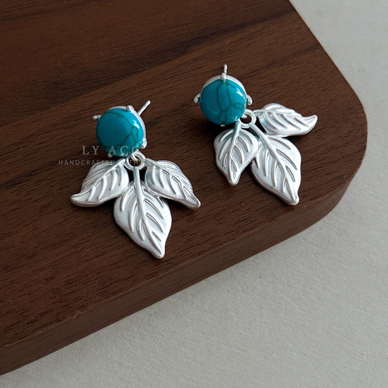 Geometric Stud Earrings For Women Featuring Gold Imitation Pearl And Turquoise Inlay With 925 Sterling Silver Posts