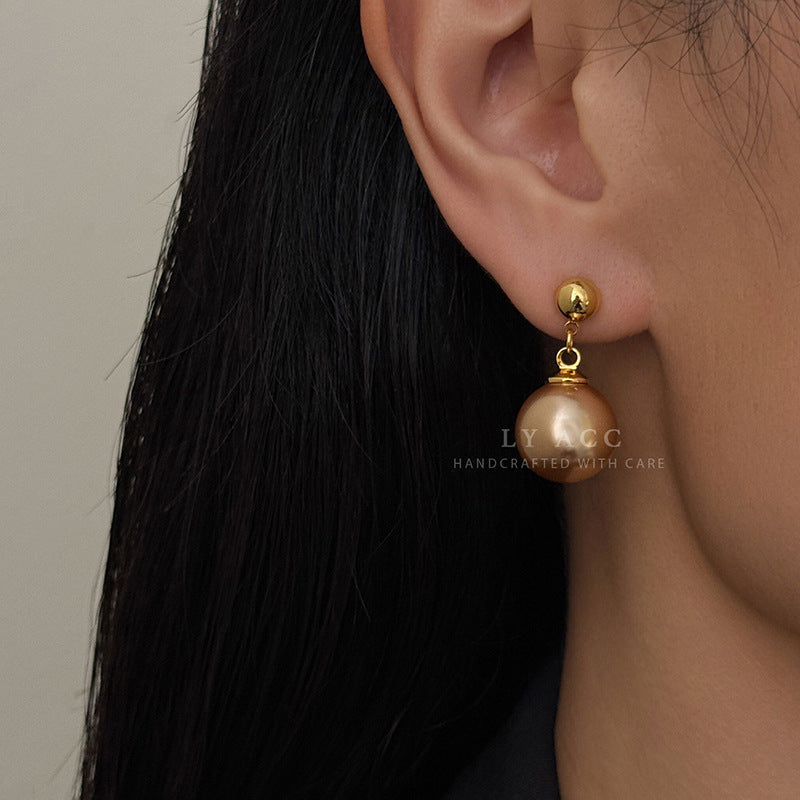 Round Drop Earrings For Women Featuring Imitation Pearl In Gold With Real Gold Plated And 925 Sterling Silver Stud