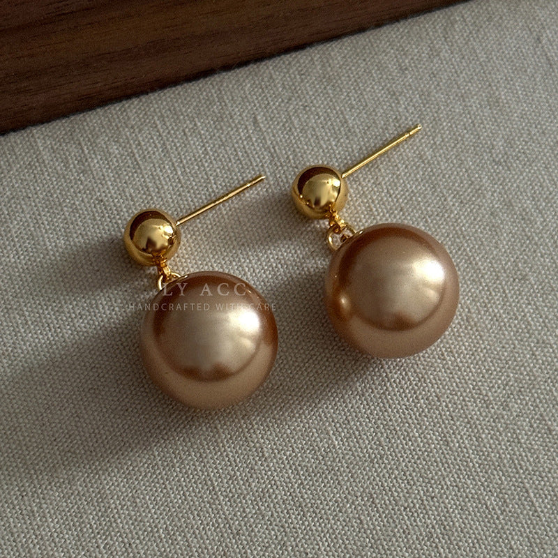 Round Drop Earrings For Women Featuring Imitation Pearl In Gold With Real Gold Plated And 925 Sterling Silver Stud