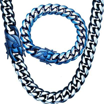 Men's Hip-Hop Blue Cuban Chain Link Necklace In 304 Stainless Steel Featuring Cuban Link Chain Curb Chain