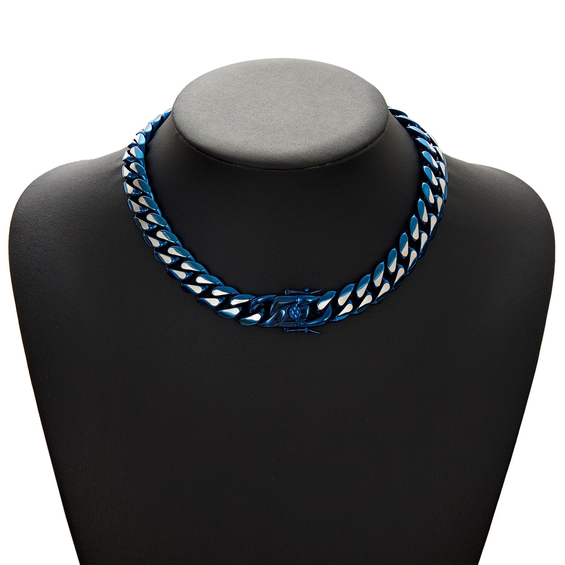 Men's Hip-Hop Blue Cuban Chain Link Necklace In 304 Stainless Steel Featuring Cuban Link Chain Curb Chain