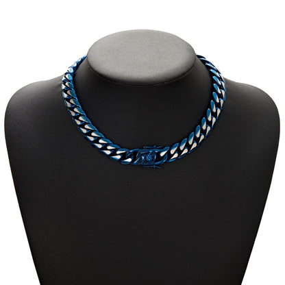Men's Hip-Hop Blue Cuban Chain Link Necklace In 304 Stainless Steel Featuring Cuban Link Chain Curb Chain