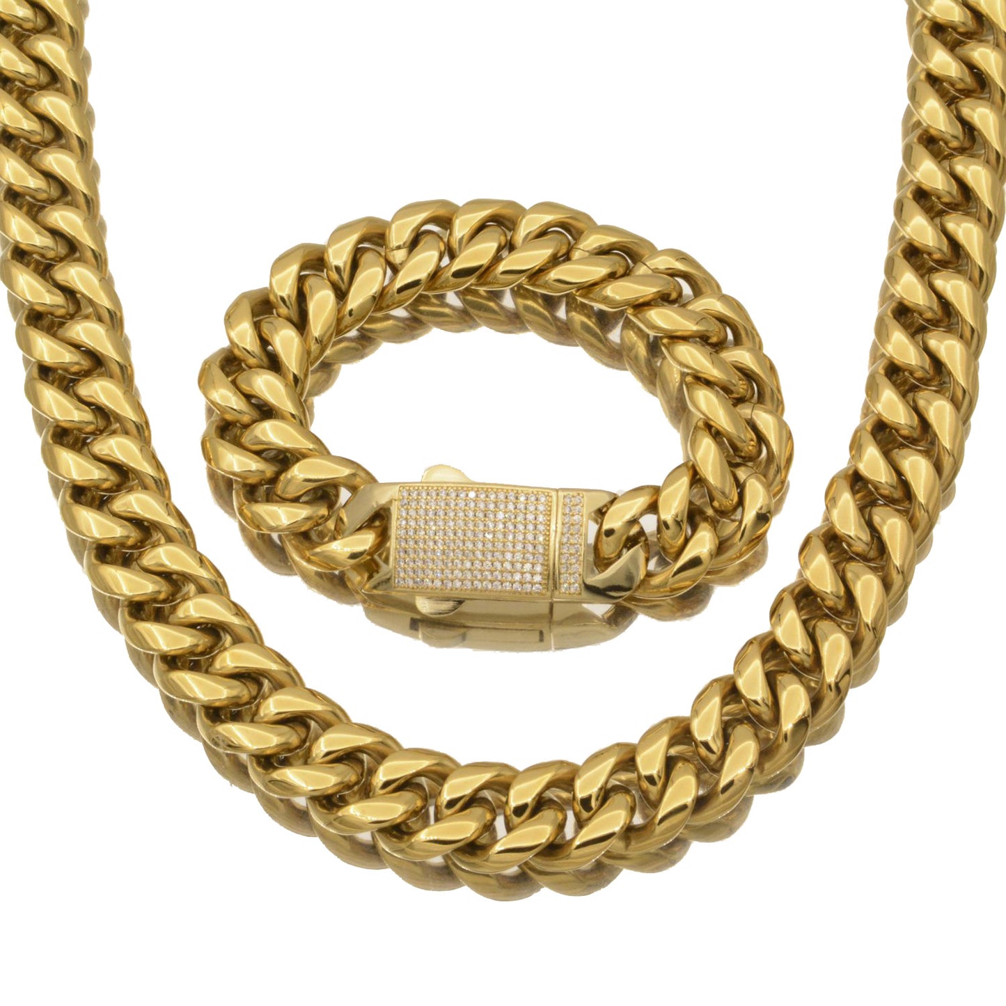 Men's Hip-Hop Cuban Chain Link Necklace In Gold With PVD Coated 304 Stainless Steel And Rhinestone Inlay