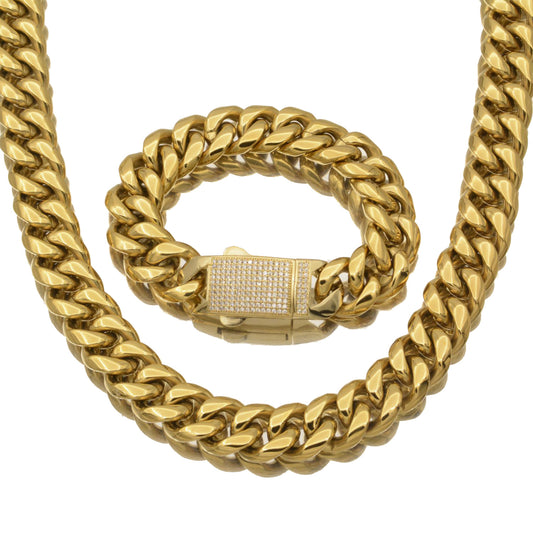 Men's Hip-Hop Cuban Chain Link Necklace In Gold With PVD Coated 304 Stainless Steel And Rhinestone Inlay
