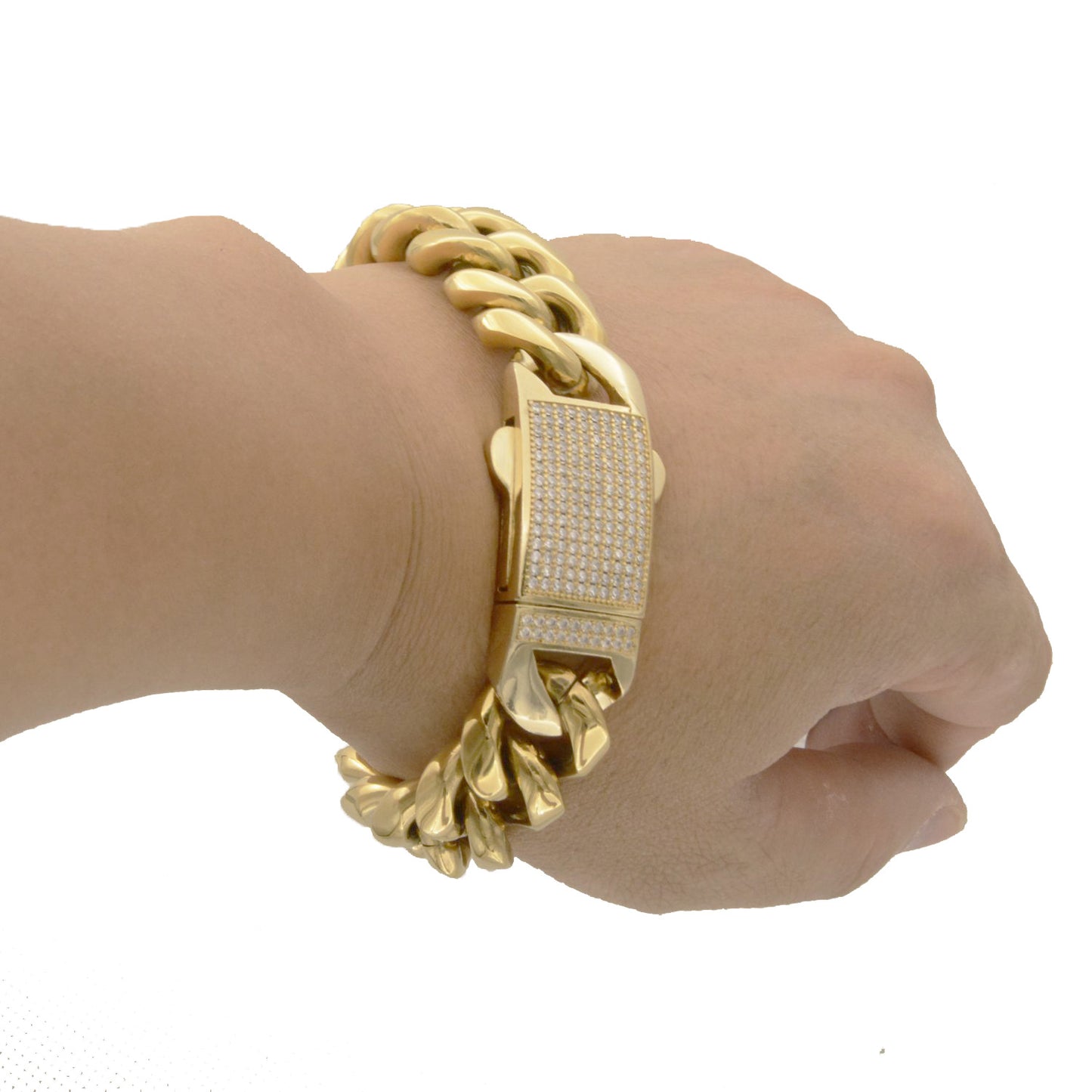 Men's Hip-Hop Cuban Chain Link Necklace In Gold With PVD Coated 304 Stainless Steel And Rhinestone Inlay