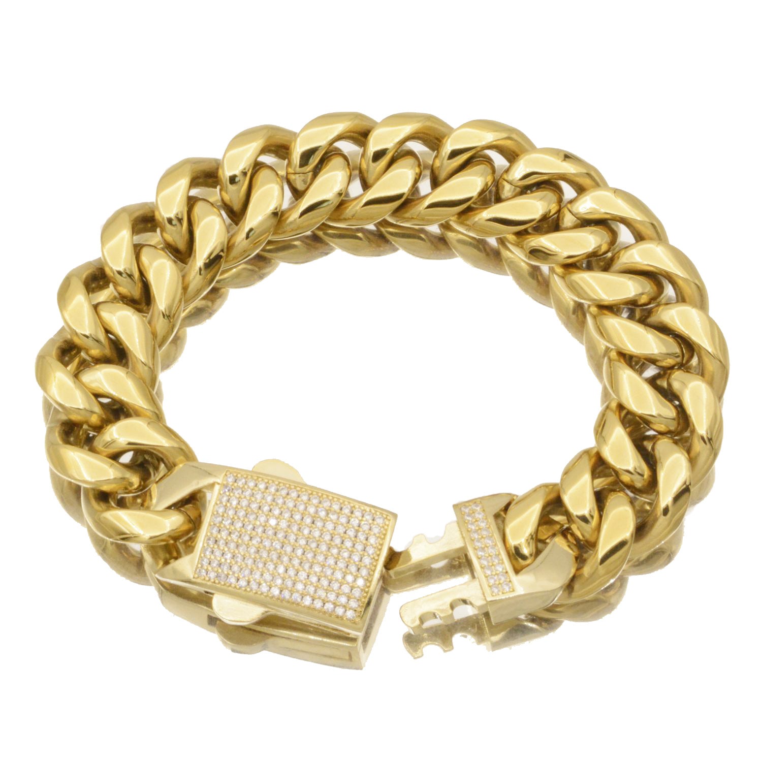 Men's Hip-Hop Cuban Chain Link Necklace In Gold With PVD Coated 304 Stainless Steel And Rhinestone Inlay