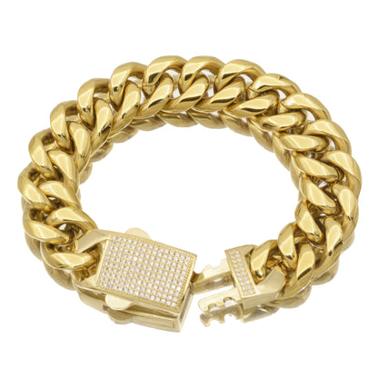 Men's Hip-Hop Cuban Chain Link Necklace In Gold With PVD Coated 304 Stainless Steel And Rhinestone Inlay