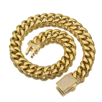 Men's Hip-Hop Cuban Chain Link Necklace In Gold With PVD Coated 304 Stainless Steel And Rhinestone Inlay