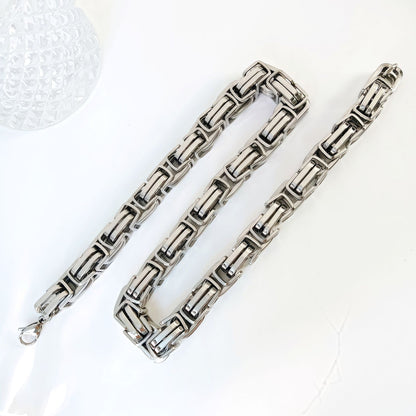 Handmade Geometric Hip-Hop Necklace In Steel Color With Byzantine Chain, 304 Stainless Steel, Unisex
