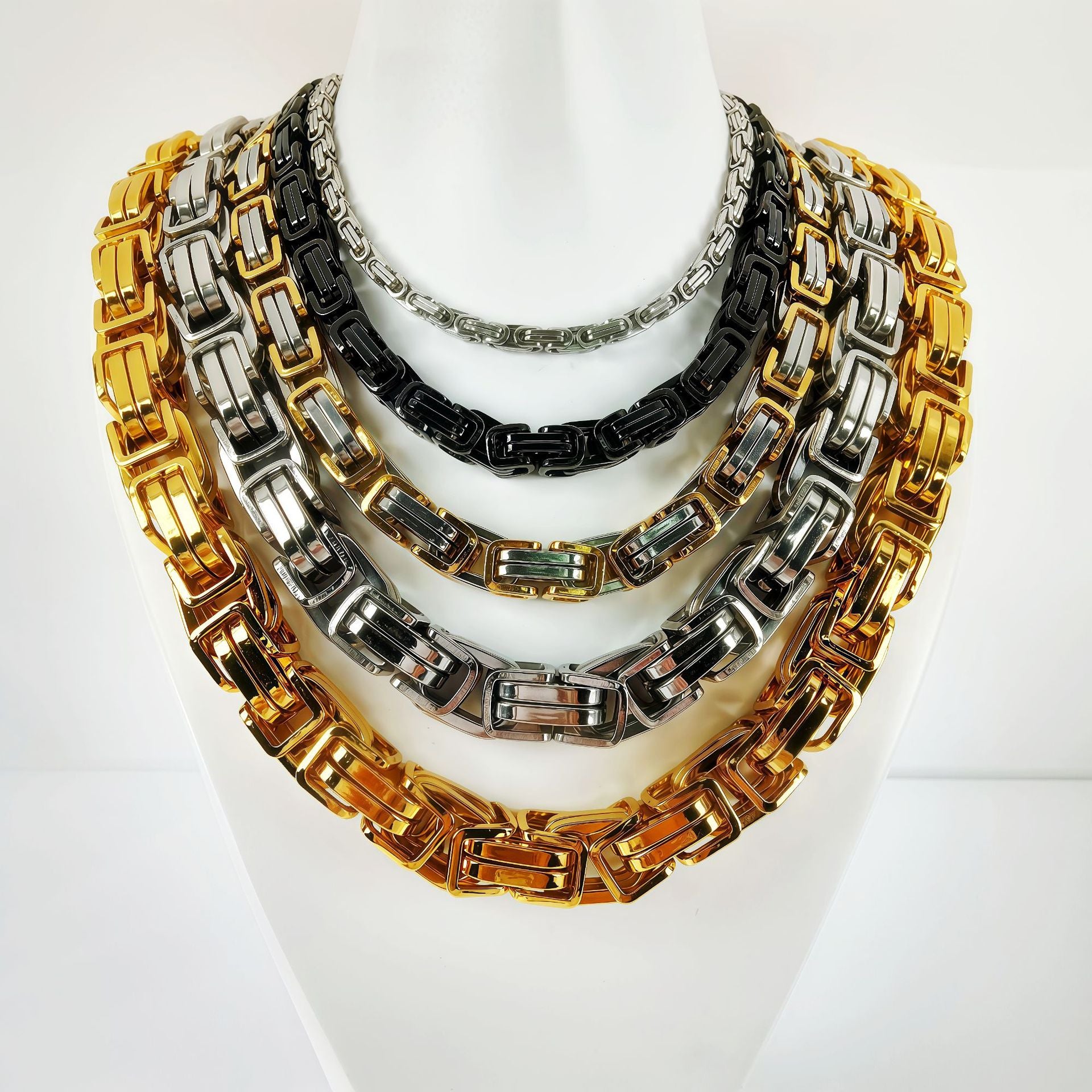Handmade Geometric Hip-Hop Necklace In Steel Color With Byzantine Chain, 304 Stainless Steel, Unisex
