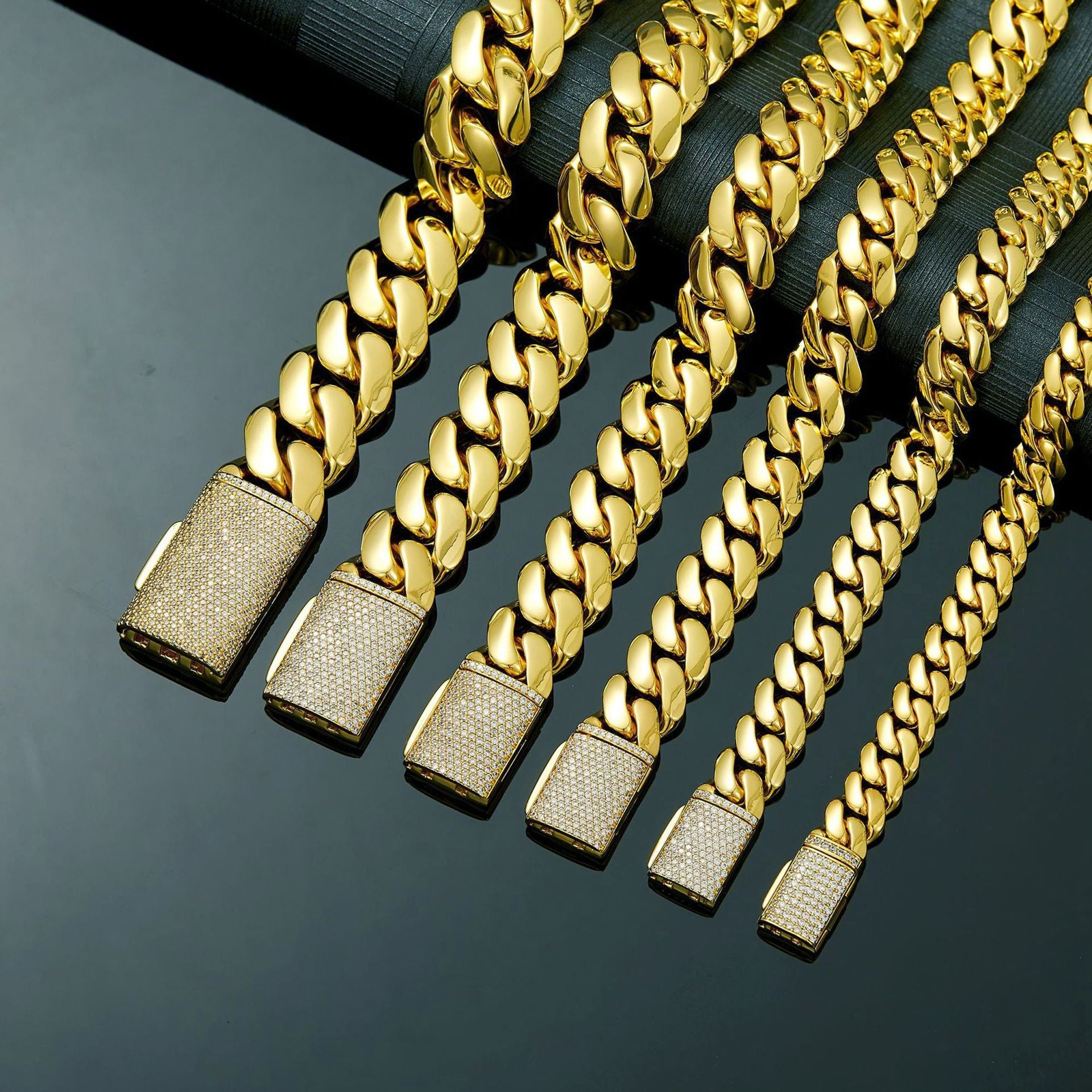 Geometric Cuban Chain Link Necklace In 304 Stainless Steel With Zircon Inlay, 14K Real Gold Plated, Unisex Cuban Link Chain Curb Chain