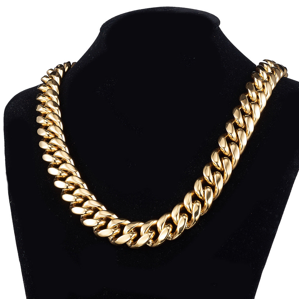 Men's Geometric Cuban Chain Link Necklace In Steel Color, Titanium Steel With 18K Real Gold Plated Electroplated Finish