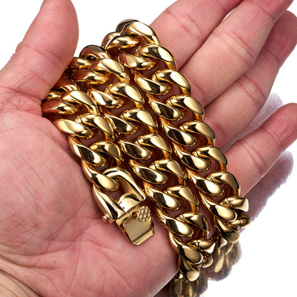 Men's Geometric Cuban Chain Link Necklace In Steel Color, Titanium Steel With 18K Real Gold Plated Electroplated Finish