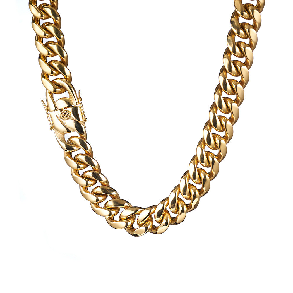 Men's Geometric Cuban Chain Link Necklace In Steel Color, Titanium Steel With 18K Real Gold Plated Electroplated Finish