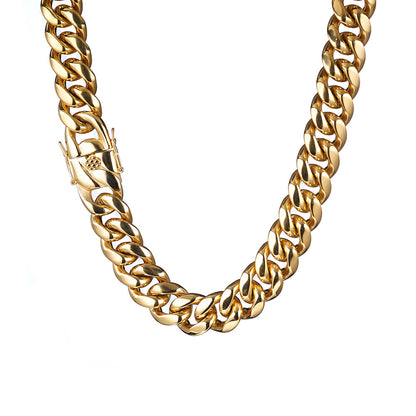 Men's Geometric Cuban Chain Link Necklace In Steel Color, Titanium Steel With 18K Real Gold Plated Electroplated Finish