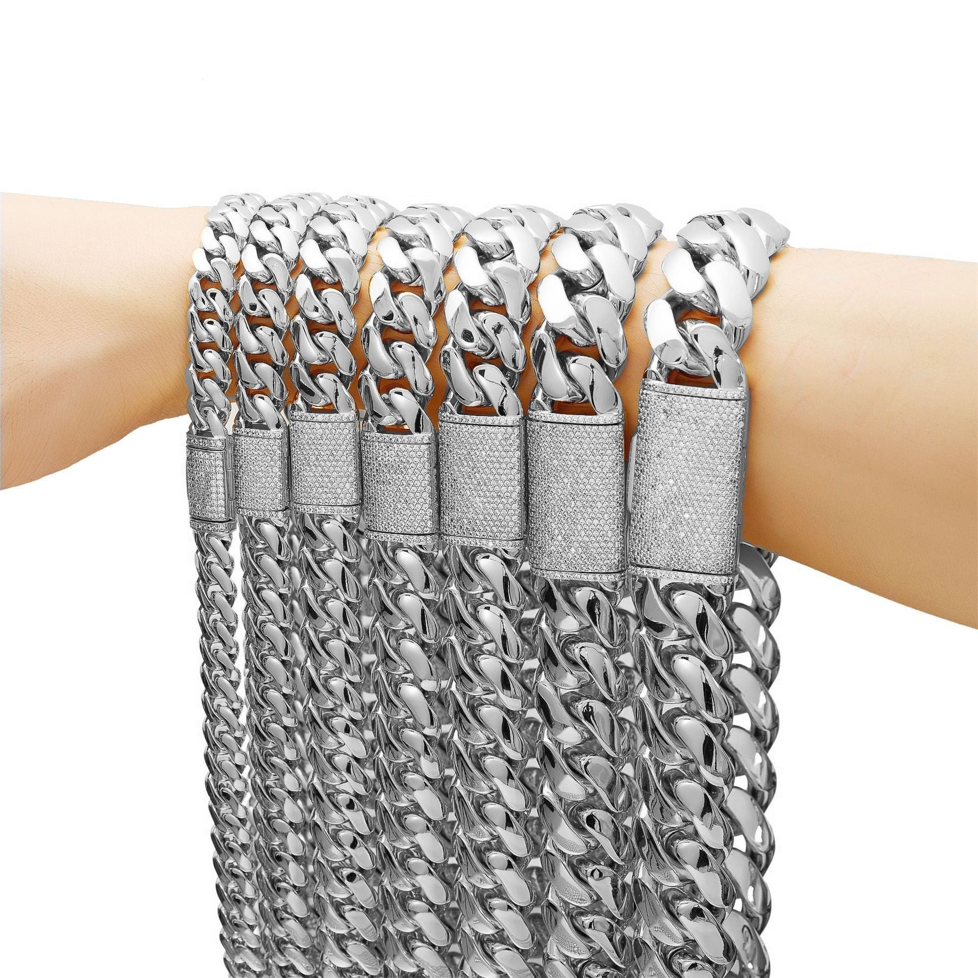 Unisex Geometric Cuban Chain Link Necklace In Steel Color, 304 Stainless Steel With Zircon Inlay, Featuring Cuban Link Chain Curb Chain