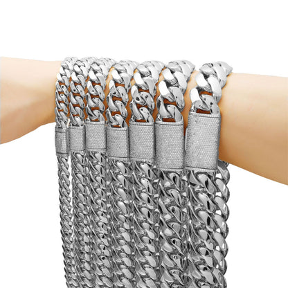 Unisex Geometric Cuban Chain Link Necklace In Steel Color, 304 Stainless Steel With Zircon Inlay, Featuring Cuban Link Chain Curb Chain