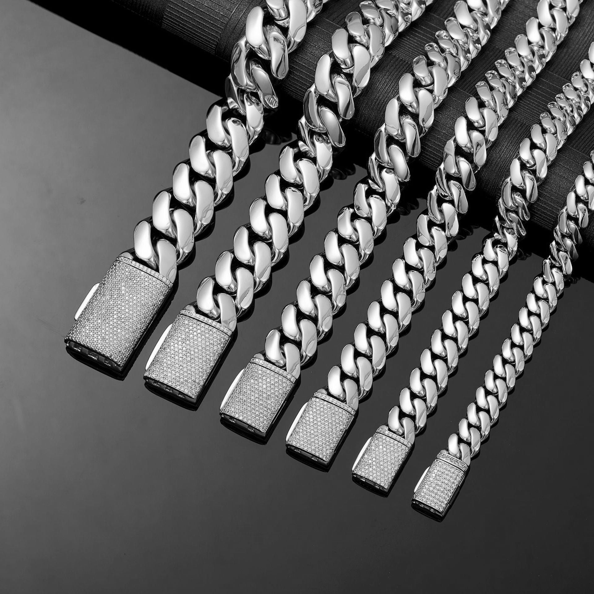 Unisex Geometric Cuban Chain Link Necklace In Steel Color, 304 Stainless Steel With Zircon Inlay, Featuring Cuban Link Chain Curb Chain