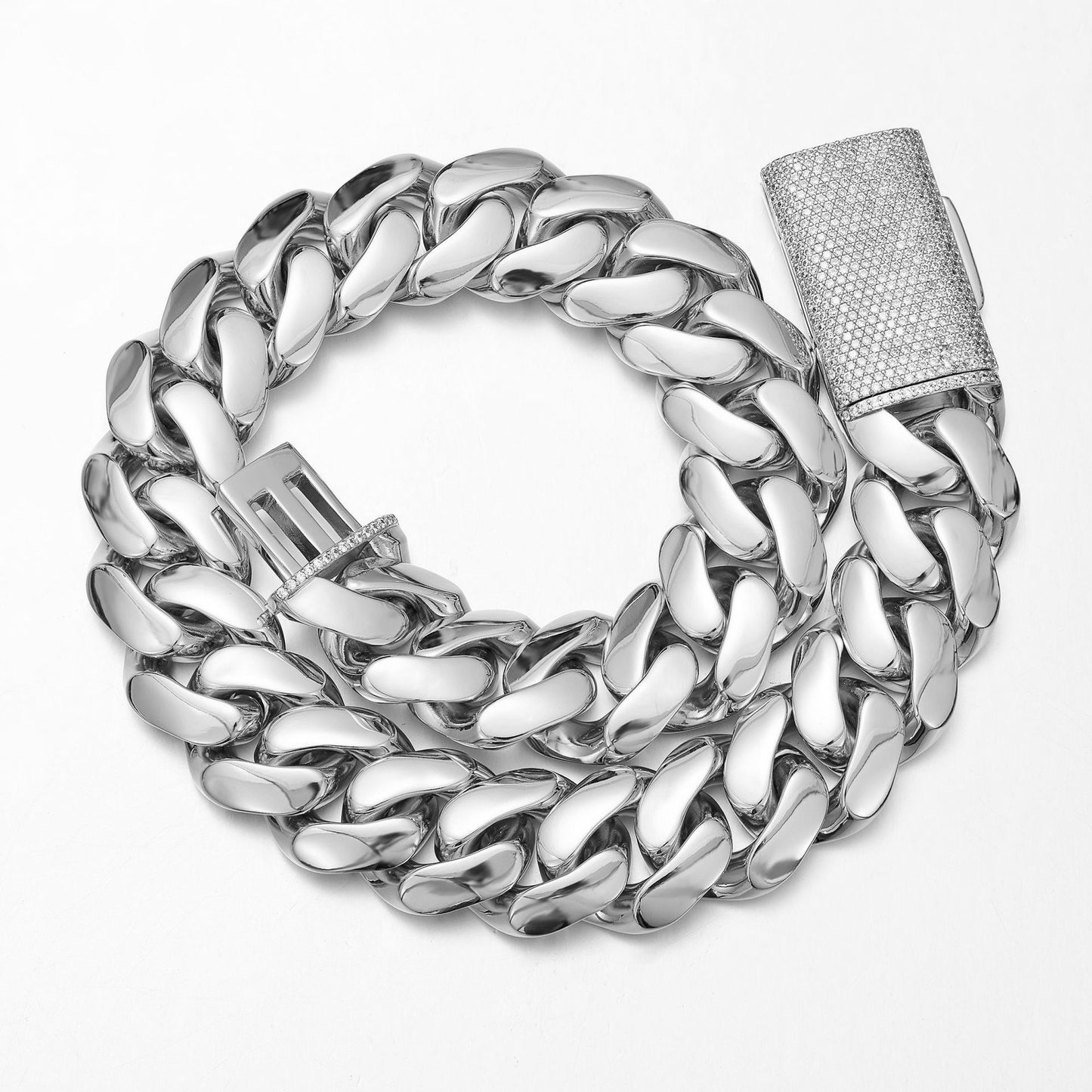 Unisex Geometric Cuban Chain Link Necklace In Steel Color, 304 Stainless Steel With Zircon Inlay, Featuring Cuban Link Chain Curb Chain