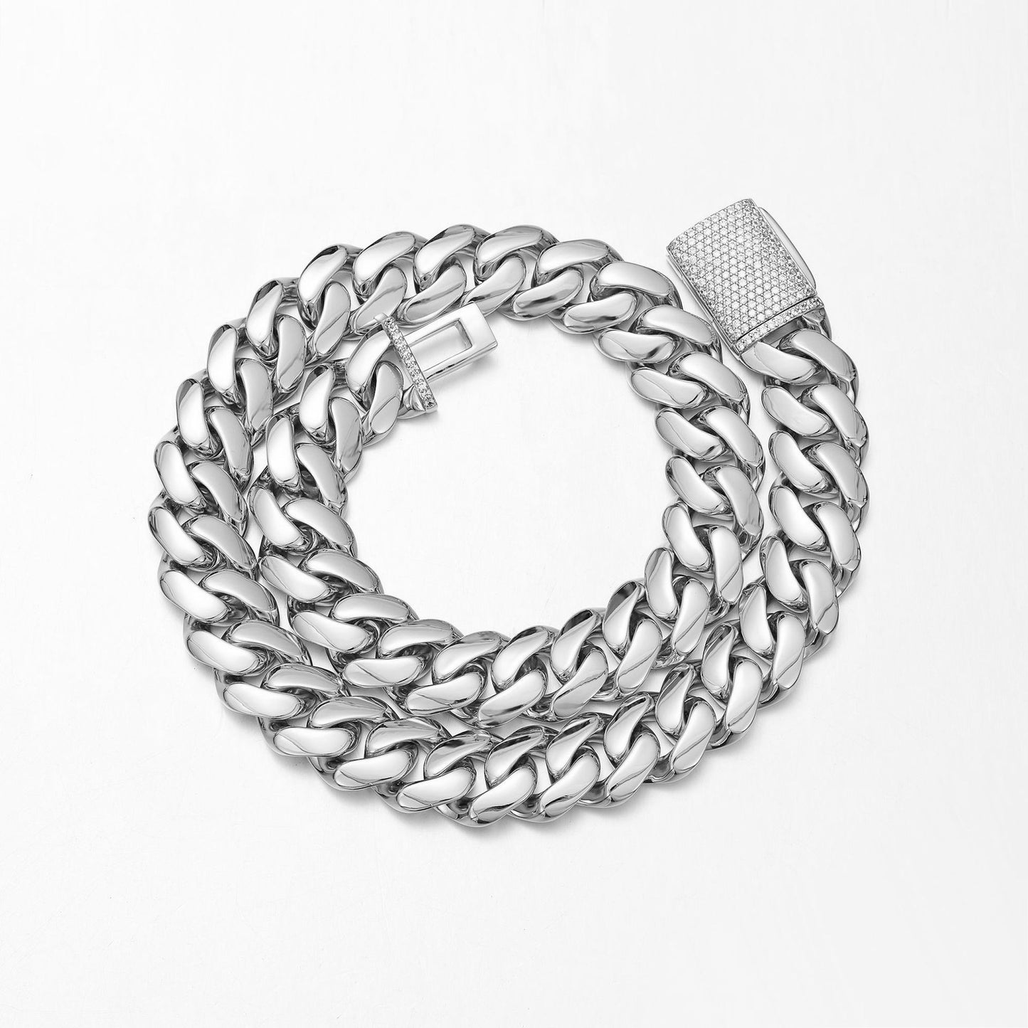 Unisex Geometric Cuban Chain Link Necklace In Steel Color, 304 Stainless Steel With Zircon Inlay, Featuring Cuban Link Chain Curb Chain