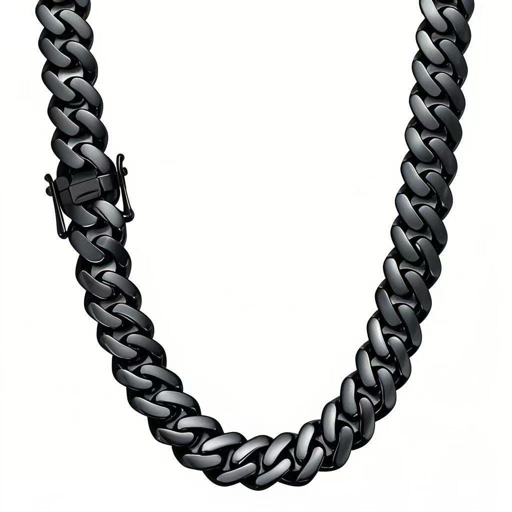Geometric Dyed Black Hip-Hop Necklace With Titanium Steel Cuban Link Chain, Unisex Style