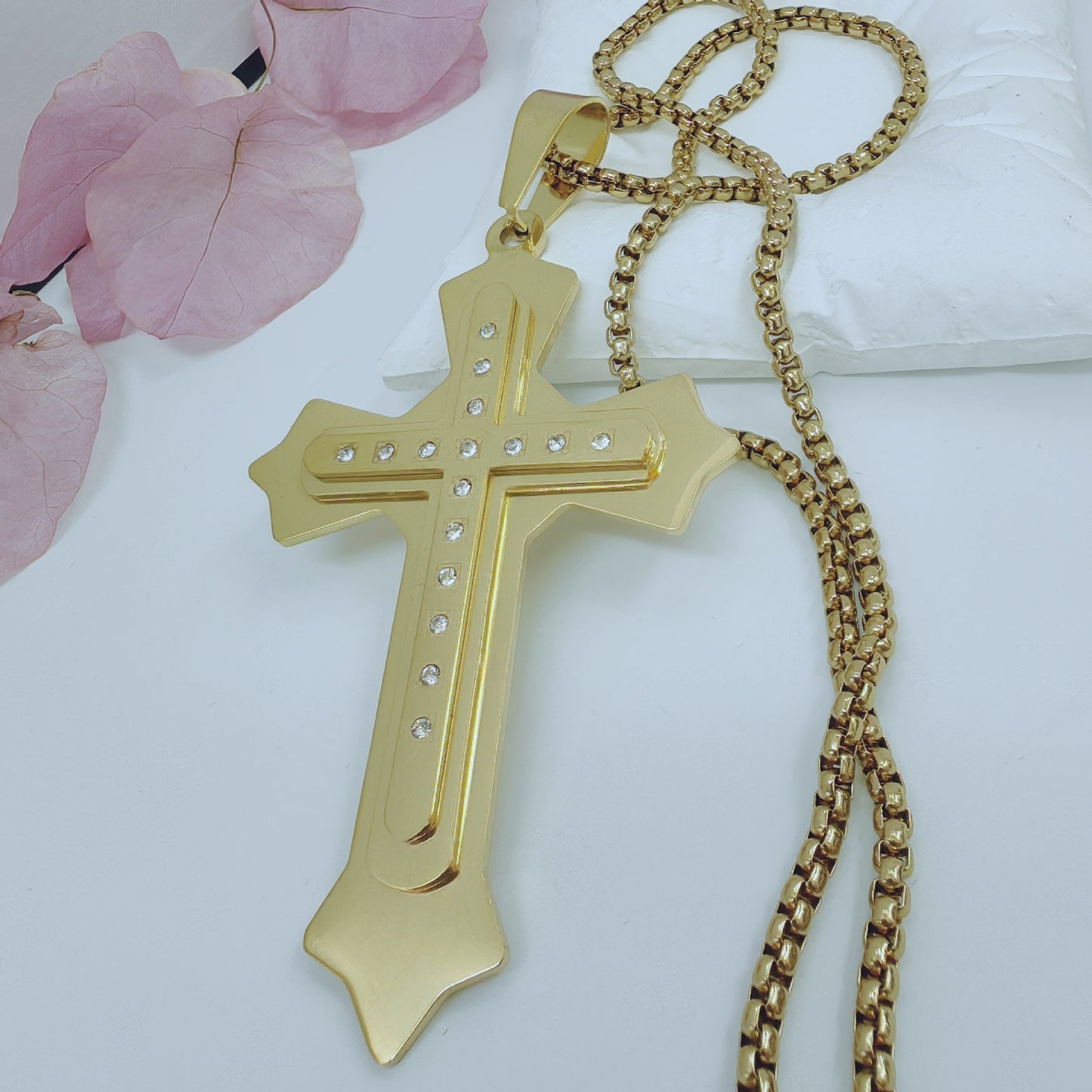 Gold Cross Necklace With Titanium Steel Pendant And Rhinestone Inlay, Unisex Design Featuring A Durable 304 Stainless Steel Box Chain