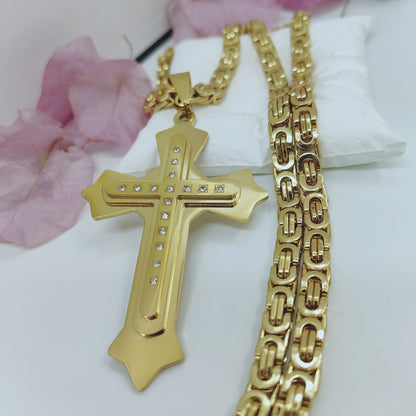 Gold Cross Necklace With Titanium Steel Pendant And Rhinestone Inlay, Unisex Design Featuring A Durable 304 Stainless Steel Box Chain