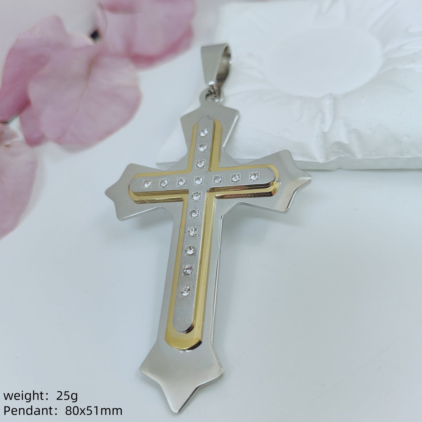 Gold Cross Necklace With Titanium Steel Pendant And Rhinestone Inlay, Unisex Design Featuring A Durable 304 Stainless Steel Box Chain