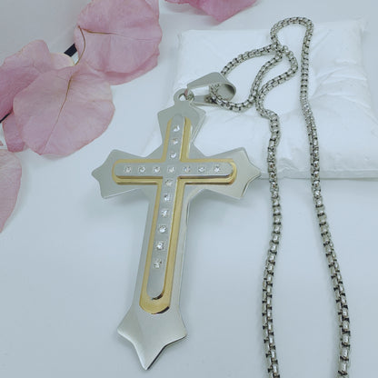 Gold Cross Necklace With Titanium Steel Pendant And Rhinestone Inlay, Unisex Design Featuring A Durable 304 Stainless Steel Box Chain