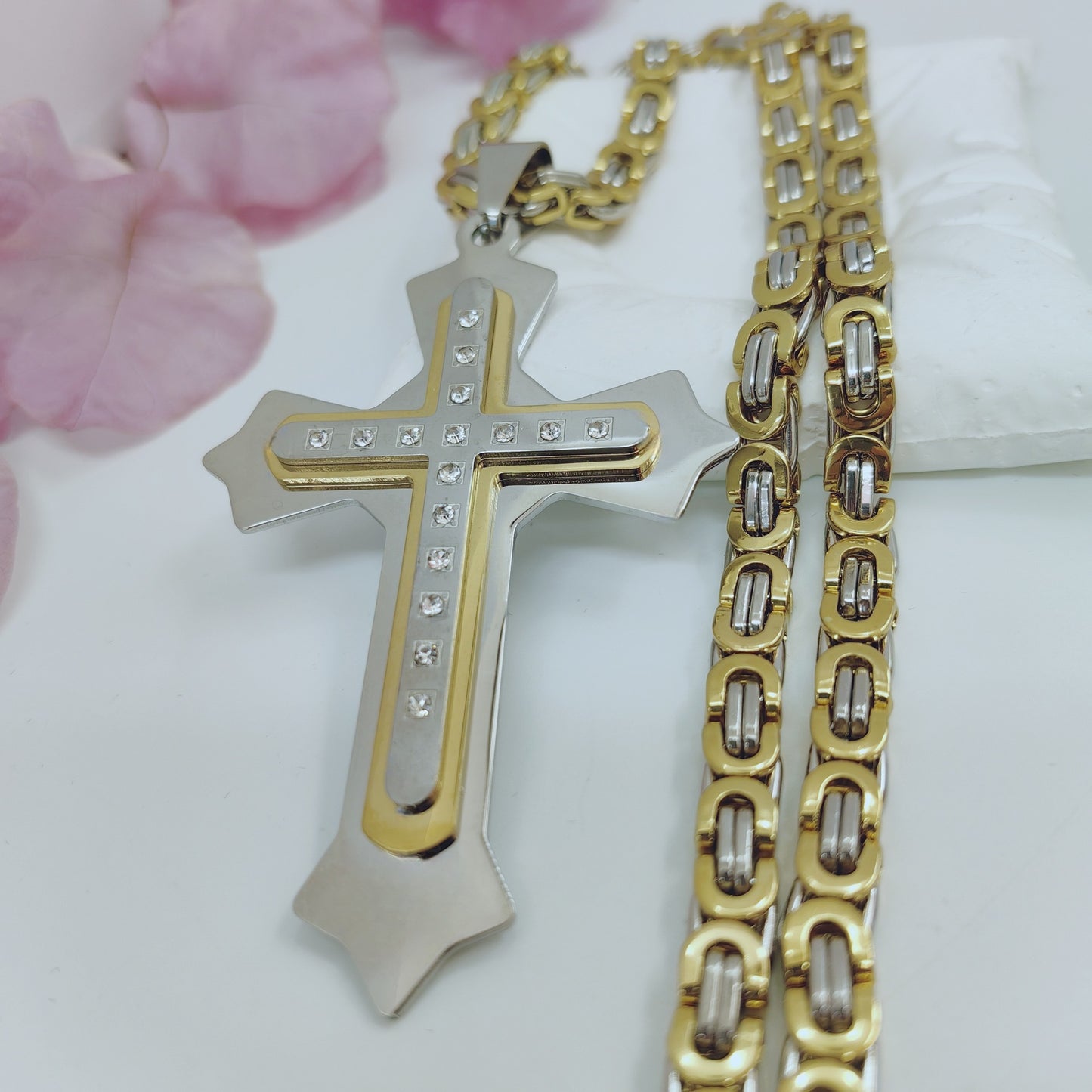 Gold Cross Necklace With Titanium Steel Pendant And Rhinestone Inlay, Unisex Design Featuring A Durable 304 Stainless Steel Box Chain
