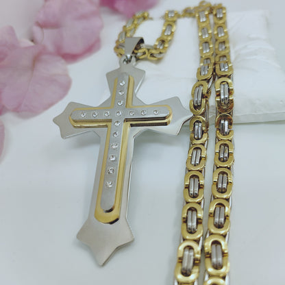 Gold Cross Necklace With Titanium Steel Pendant And Rhinestone Inlay, Unisex Design Featuring A Durable 304 Stainless Steel Box Chain