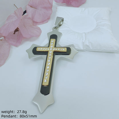 Gold Cross Necklace With Titanium Steel Pendant And Rhinestone Inlay, Unisex Design Featuring A Durable 304 Stainless Steel Box Chain