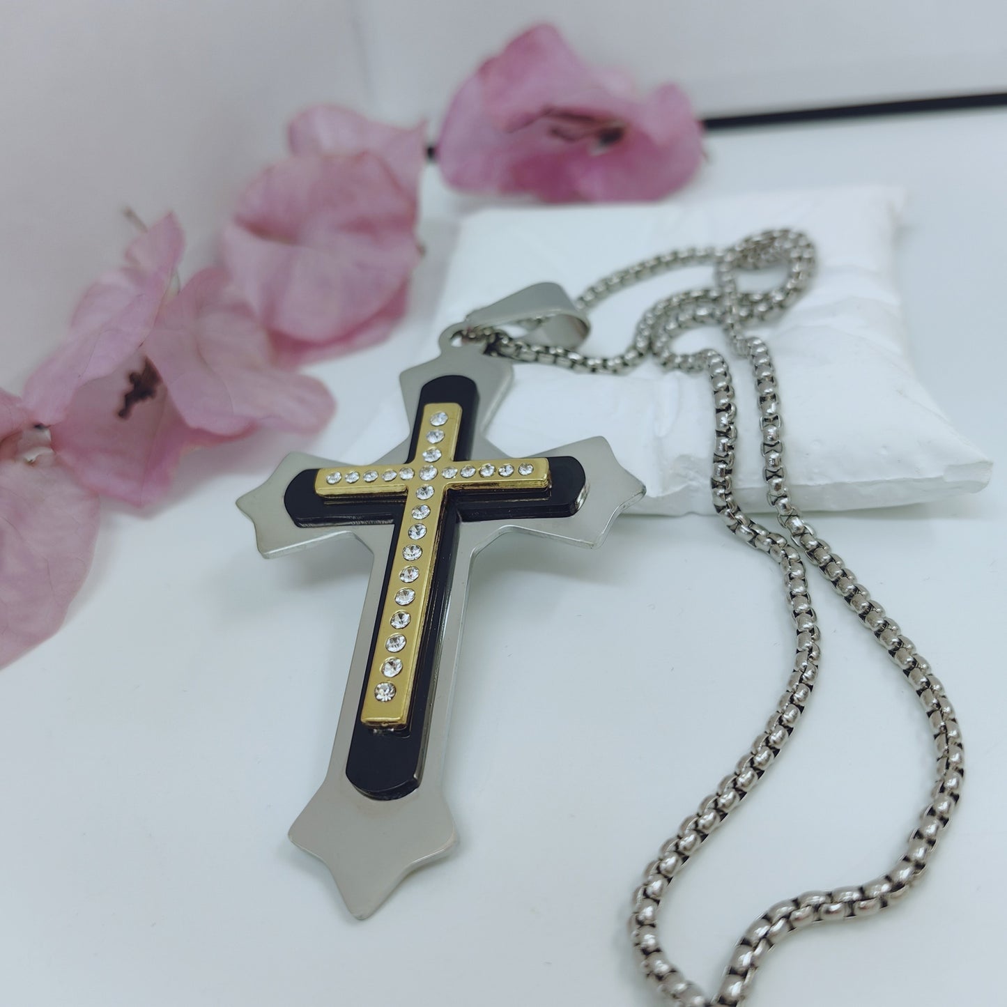 Gold Cross Necklace With Titanium Steel Pendant And Rhinestone Inlay, Unisex Design Featuring A Durable 304 Stainless Steel Box Chain