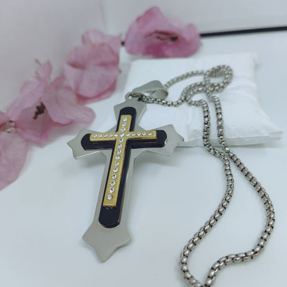 Gold Cross Necklace With Titanium Steel Pendant And Rhinestone Inlay, Unisex Design Featuring A Durable 304 Stainless Steel Box Chain