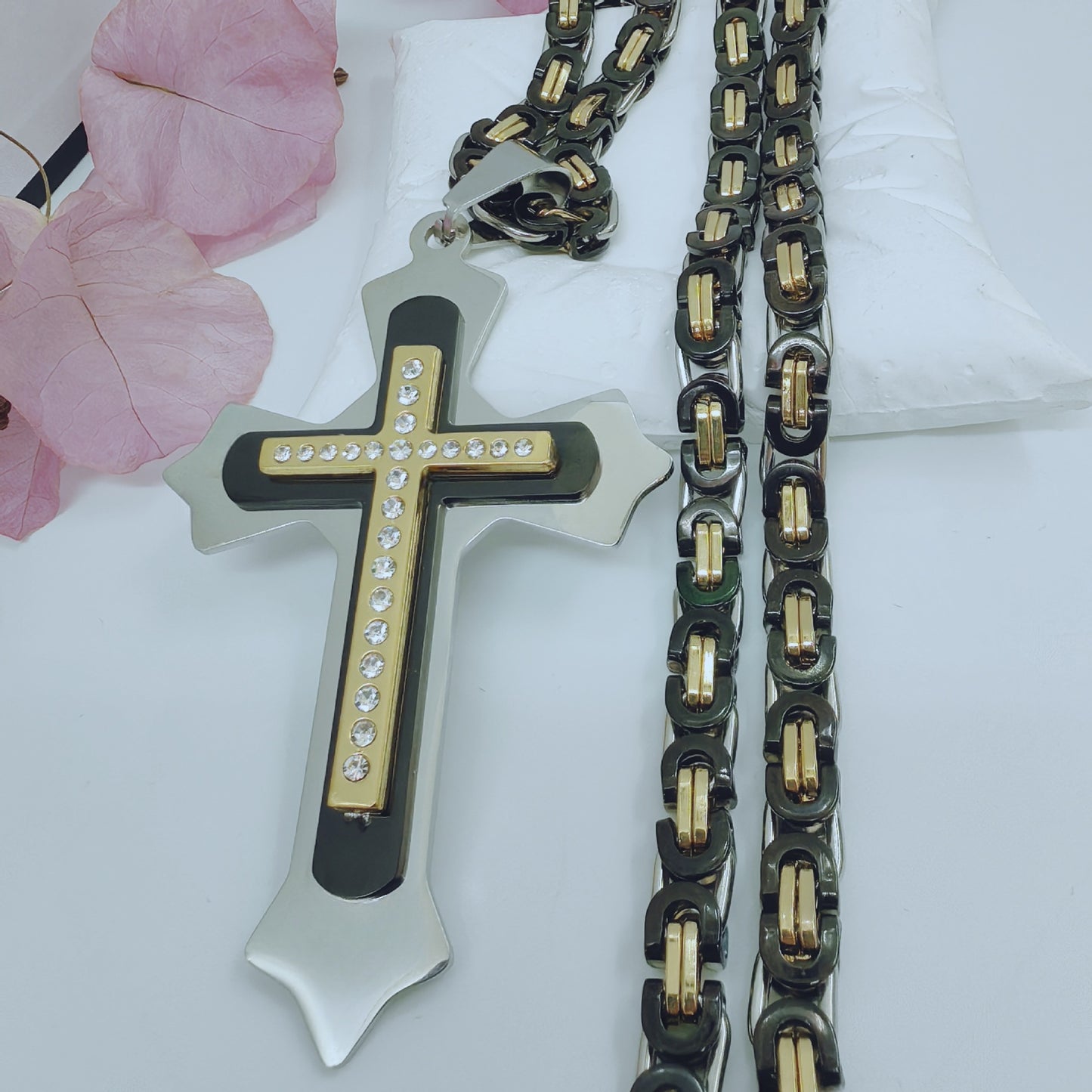Gold Cross Necklace With Titanium Steel Pendant And Rhinestone Inlay, Unisex Design Featuring A Durable 304 Stainless Steel Box Chain