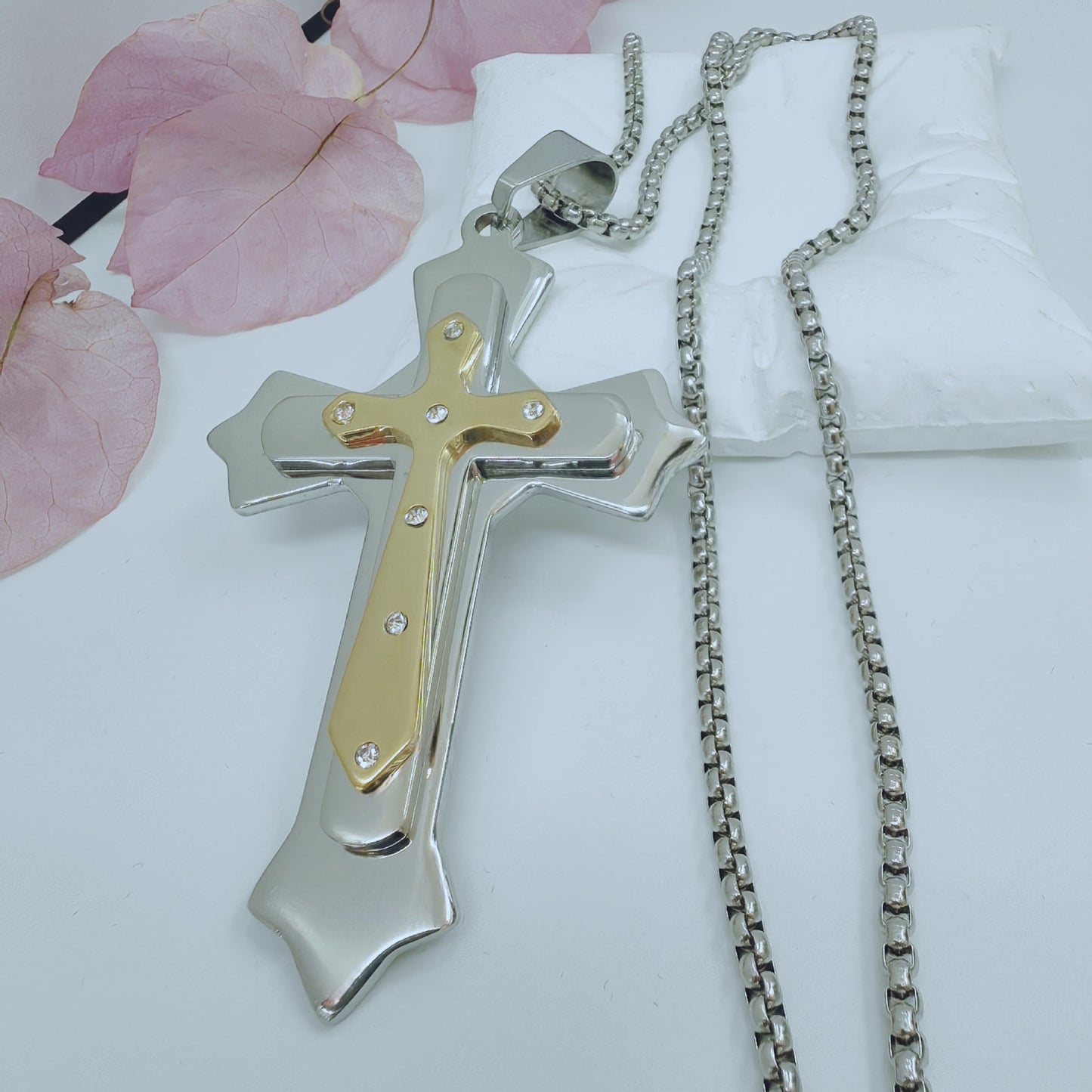 Gold Cross Necklace With Titanium Steel Pendant And Rhinestone Inlay, Unisex Design Featuring A Durable 304 Stainless Steel Box Chain