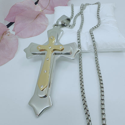 Gold Cross Necklace With Titanium Steel Pendant And Rhinestone Inlay, Unisex Design Featuring A Durable 304 Stainless Steel Box Chain