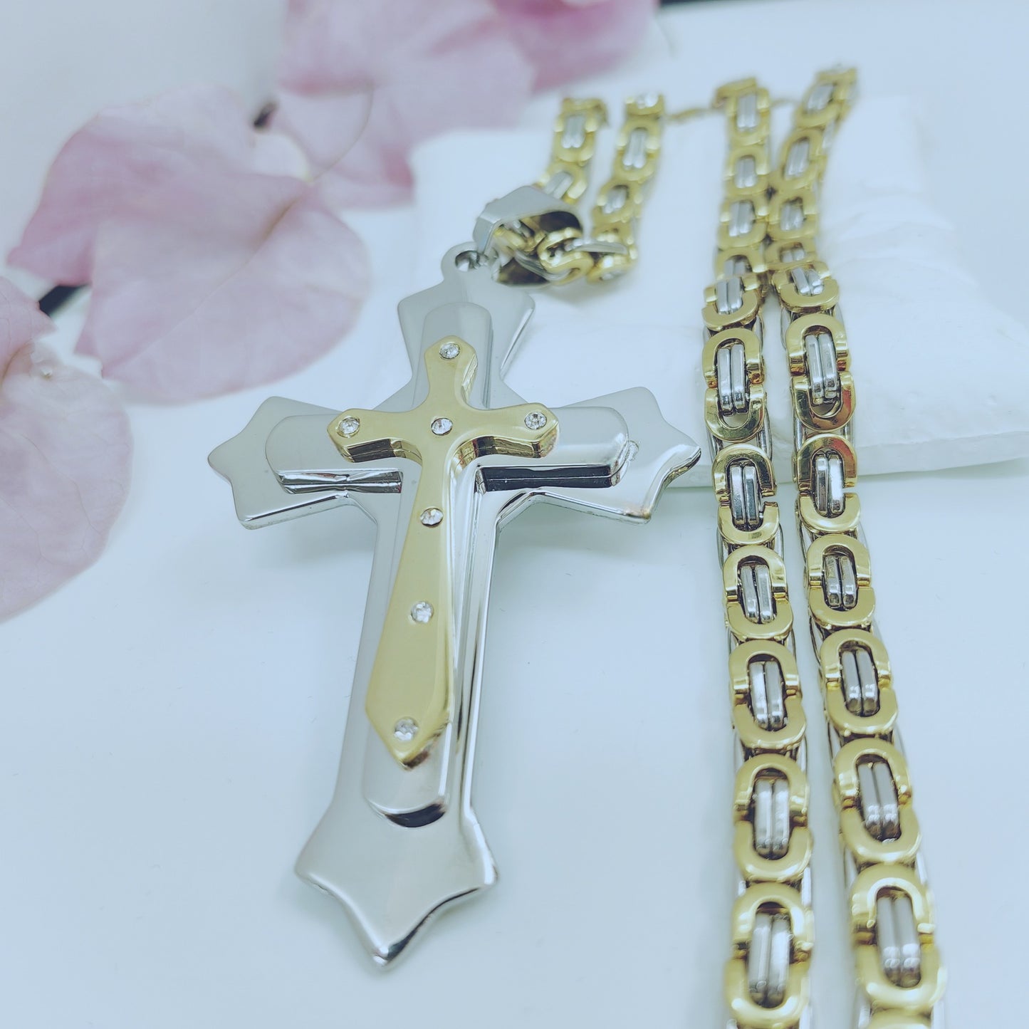 Gold Cross Necklace With Titanium Steel Pendant And Rhinestone Inlay, Unisex Design Featuring A Durable 304 Stainless Steel Box Chain