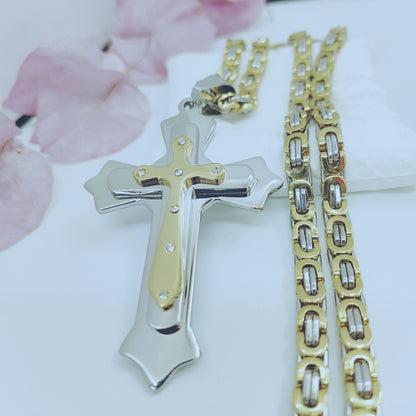 Gold Cross Necklace With Titanium Steel Pendant And Rhinestone Inlay, Unisex Design Featuring A Durable 304 Stainless Steel Box Chain