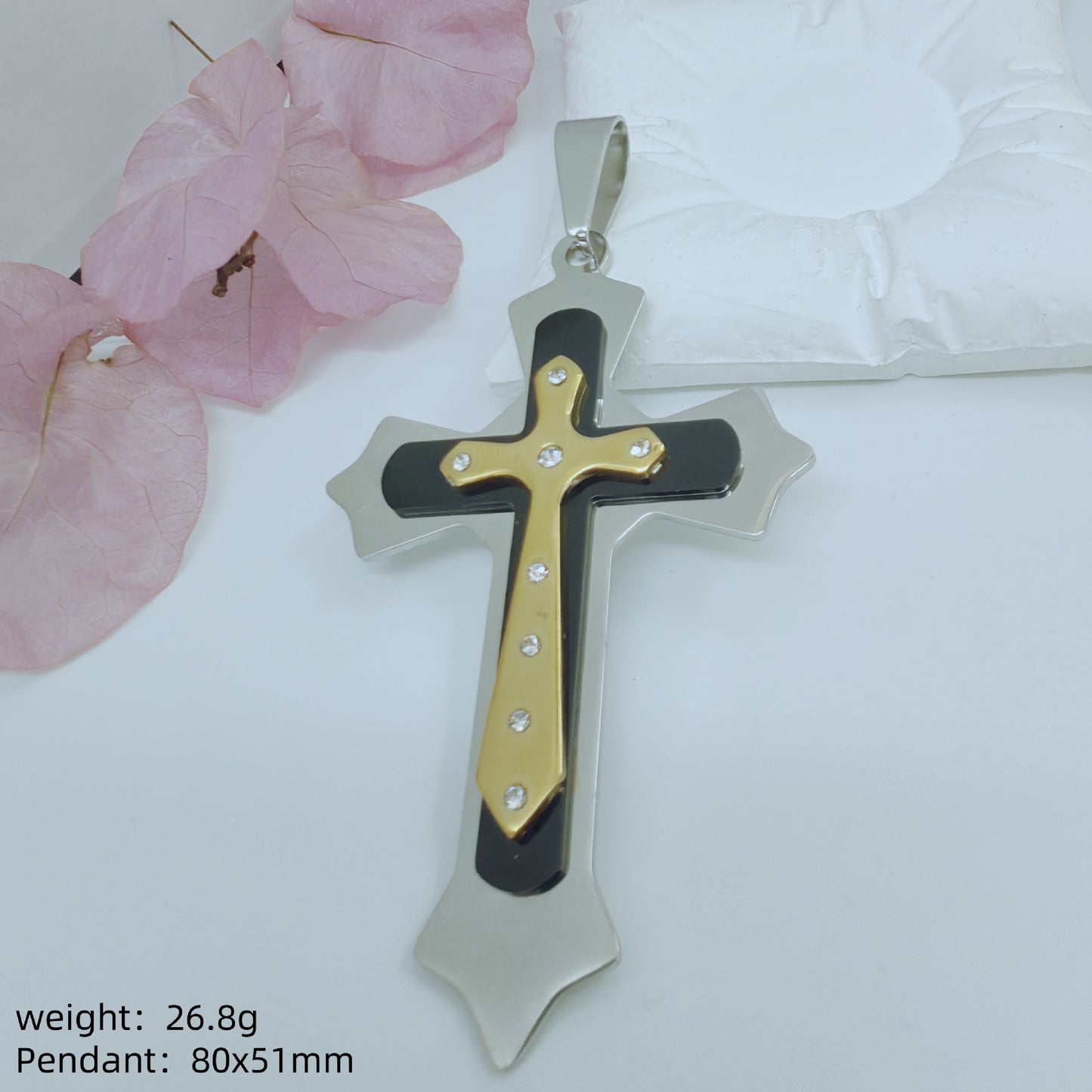 Gold Cross Necklace With Titanium Steel Pendant And Rhinestone Inlay, Unisex Design Featuring A Durable 304 Stainless Steel Box Chain