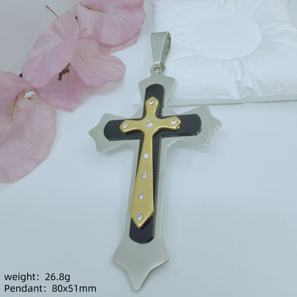 Gold Cross Necklace With Titanium Steel Pendant And Rhinestone Inlay, Unisex Design Featuring A Durable 304 Stainless Steel Box Chain