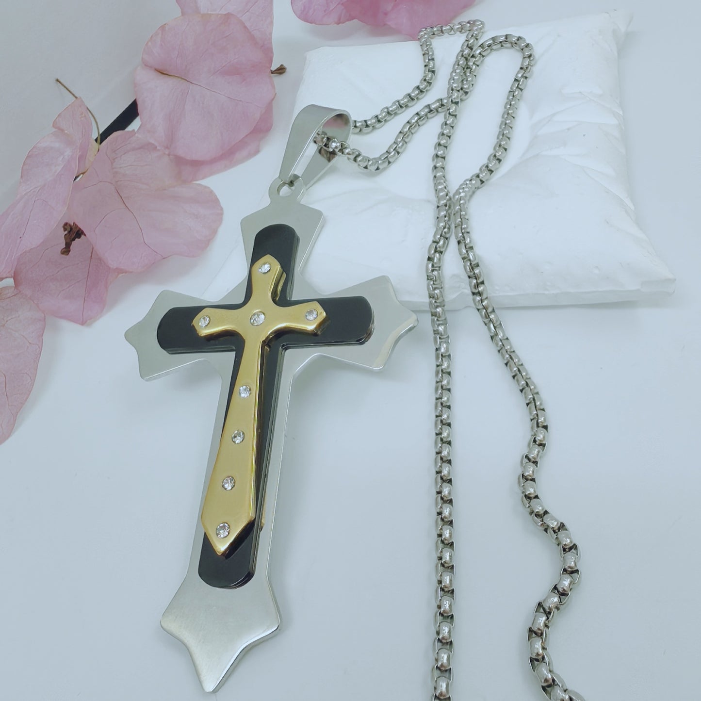 Gold Cross Necklace With Titanium Steel Pendant And Rhinestone Inlay, Unisex Design Featuring A Durable 304 Stainless Steel Box Chain