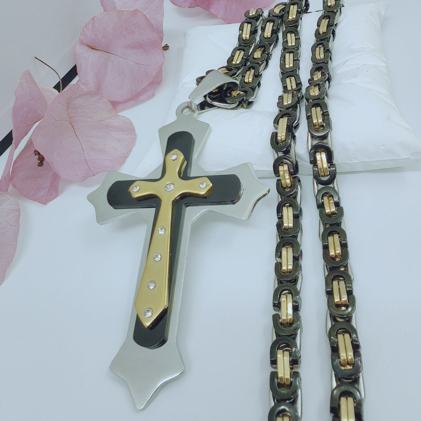 Gold Cross Necklace With Titanium Steel Pendant And Rhinestone Inlay, Unisex Design Featuring A Durable 304 Stainless Steel Box Chain