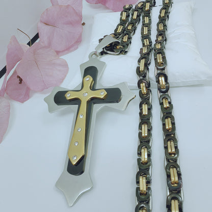 Gold Cross Necklace With Titanium Steel Pendant And Rhinestone Inlay, Unisex Design Featuring A Durable 304 Stainless Steel Box Chain