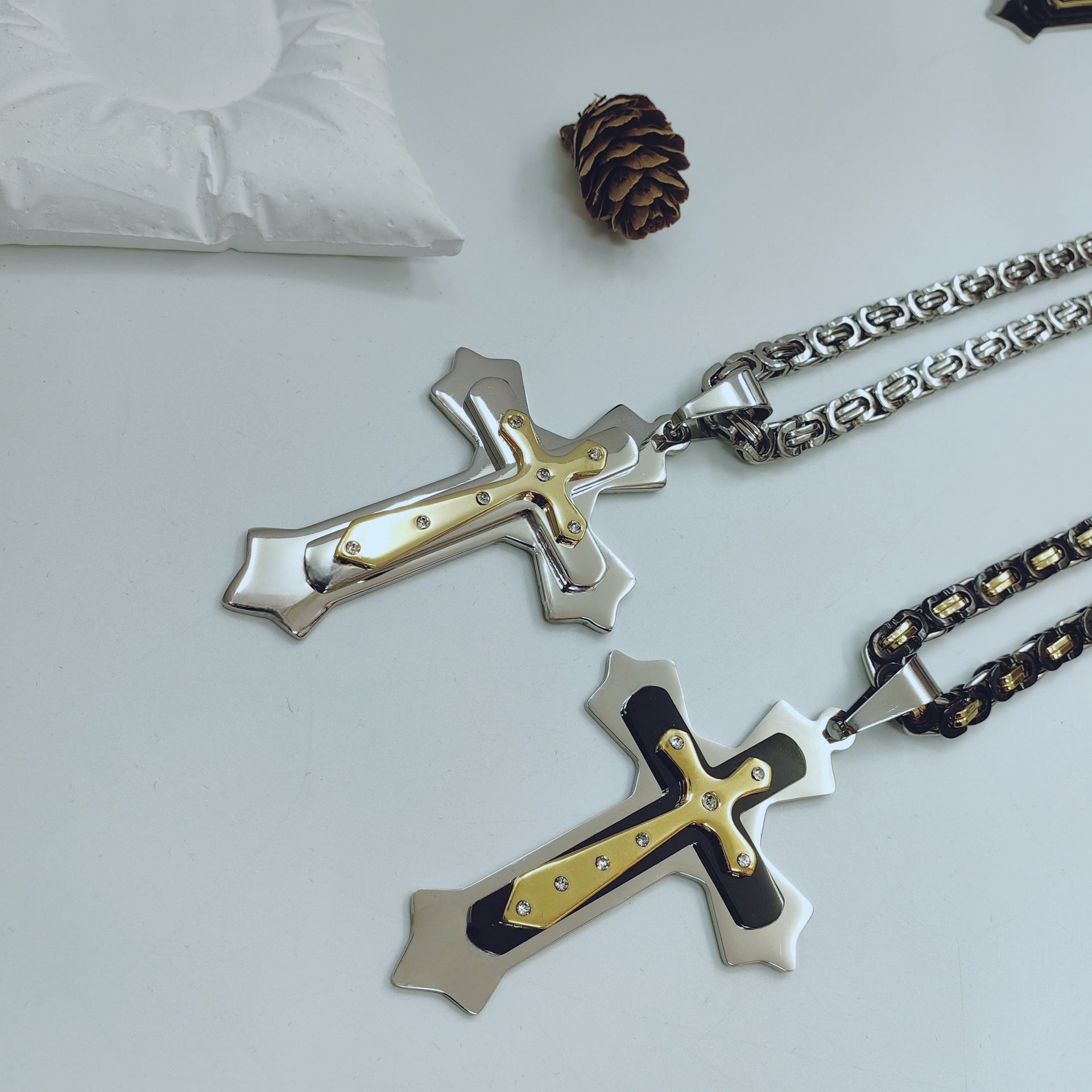 Gold Cross Necklace With Titanium Steel Pendant And Rhinestone Inlay, Unisex Design Featuring A Durable 304 Stainless Steel Box Chain