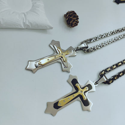 Gold Cross Necklace With Titanium Steel Pendant And Rhinestone Inlay, Unisex Design Featuring A Durable 304 Stainless Steel Box Chain