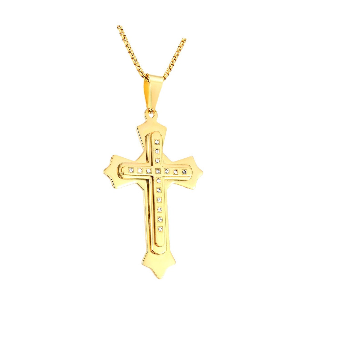Gold Cross Necklace With Titanium Steel Pendant And Rhinestone Inlay, Unisex Design Featuring A Durable 304 Stainless Steel Box Chain