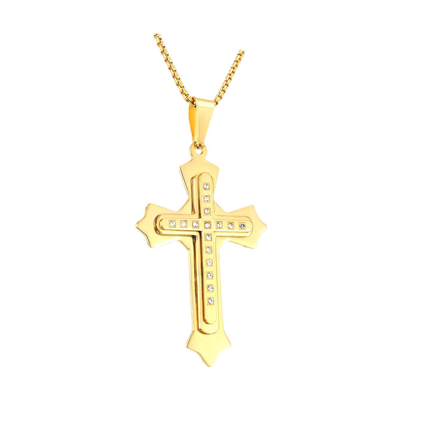 Gold Cross Necklace With Titanium Steel Pendant And Rhinestone Inlay, Unisex Design Featuring A Durable 304 Stainless Steel Box Chain